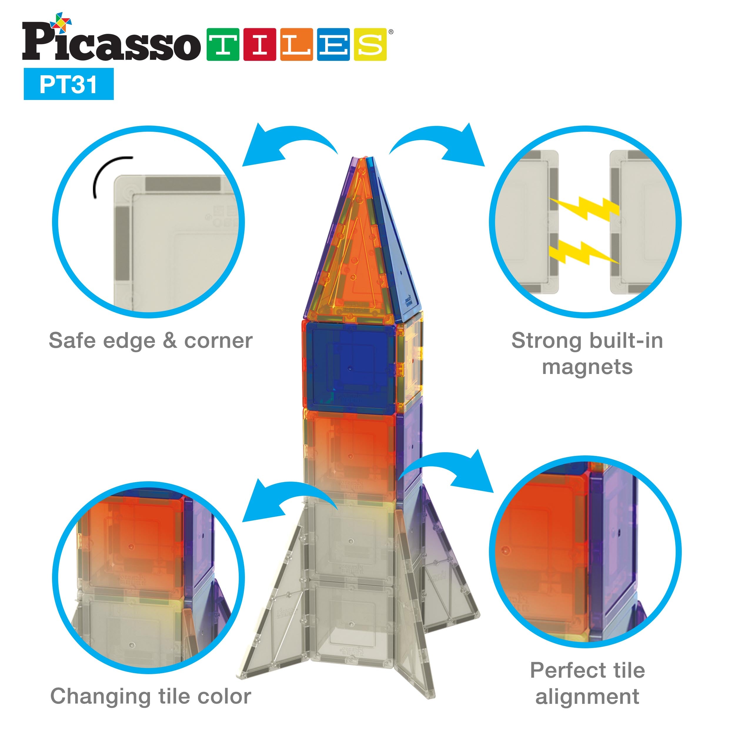 PicassoTiles Magnet Tile UV Activated Color Changing Rocket