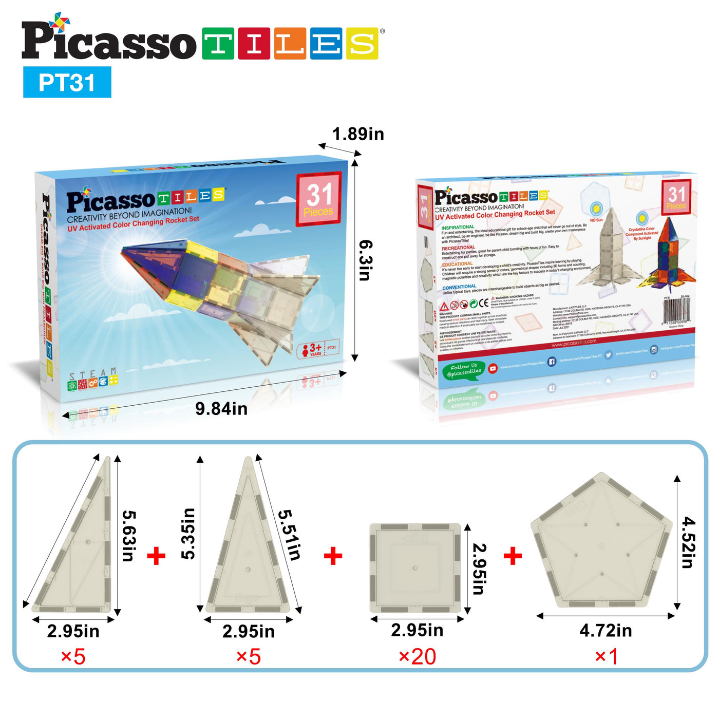 PicassoTiles Magnet Tile UV Activated Color Changing Rocket