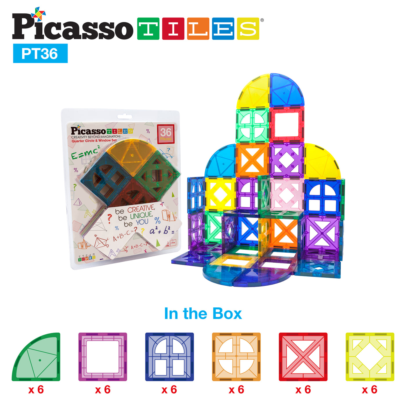 PicassoTiles Magnetic Building Tile Quarter Round and Window Set - 36 Pieces