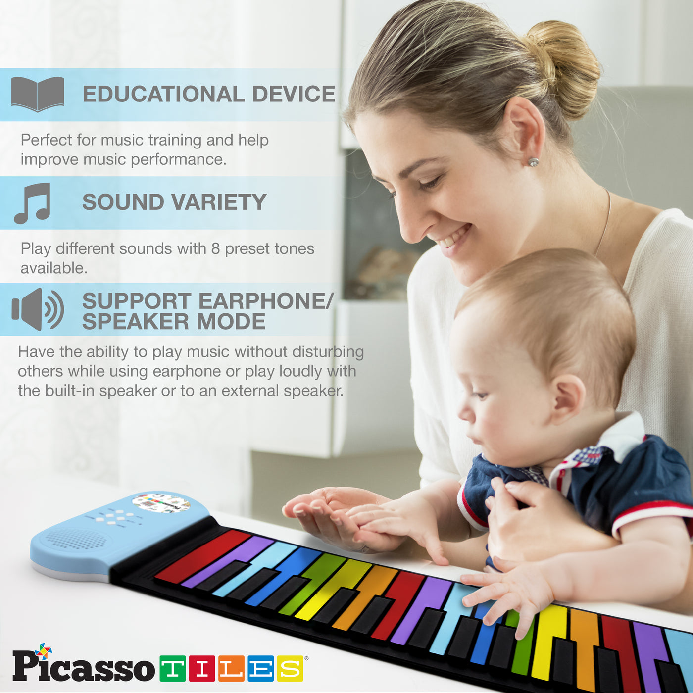 PicassoTiles Kid's 49 Colorful Key Roll-Up Educational Keyboard