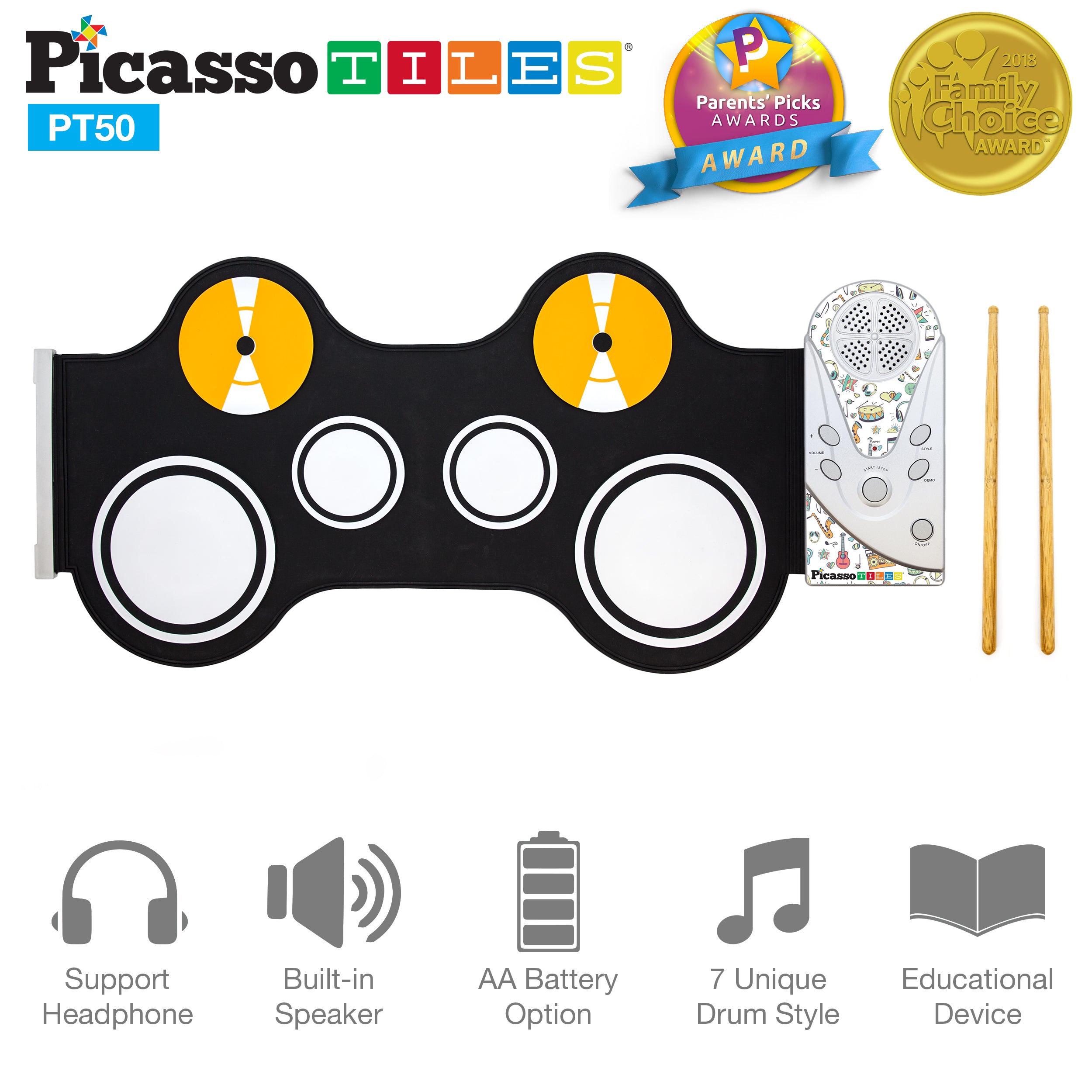 PicassoTiles PT50 Flexible Roll-Up Educational Electronic Drum Kit