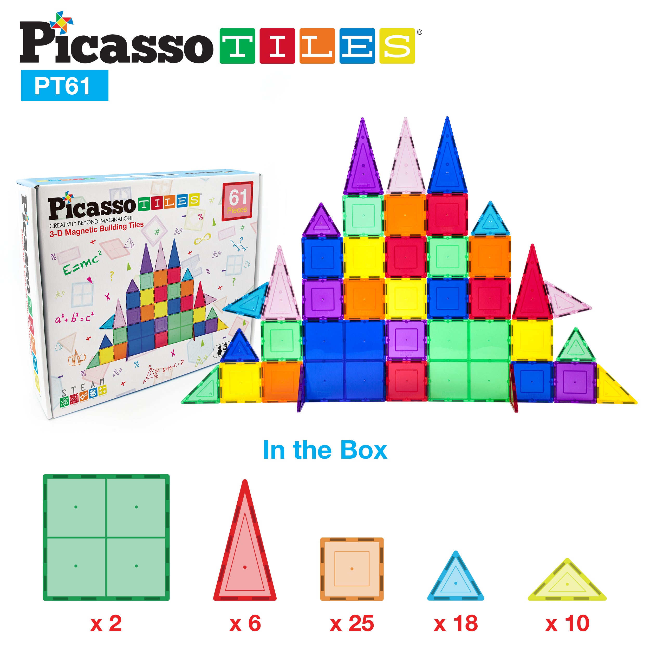 PicassoTiles Magnetic Tile Classic 61pc Building Set