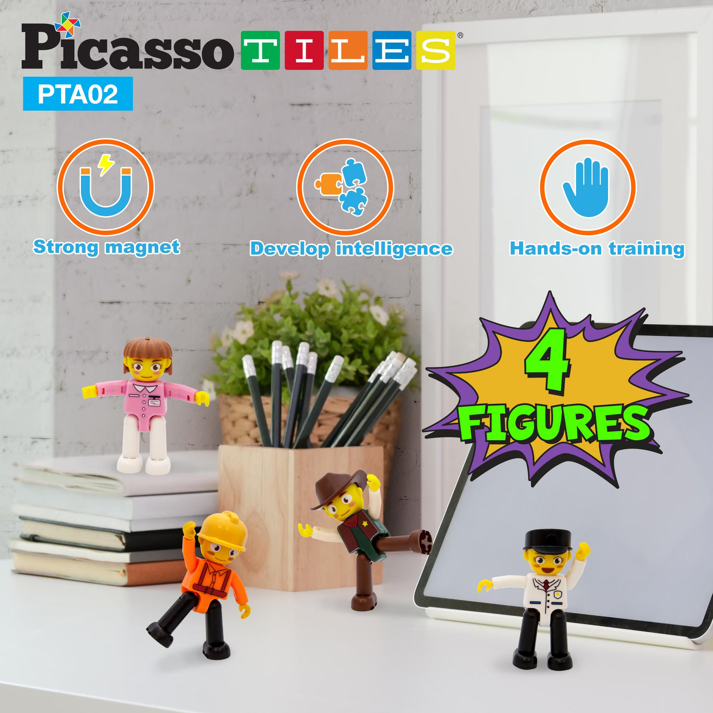 PicassoTiles 4 Piece Career Character Action Figure Magnet Tile Playset