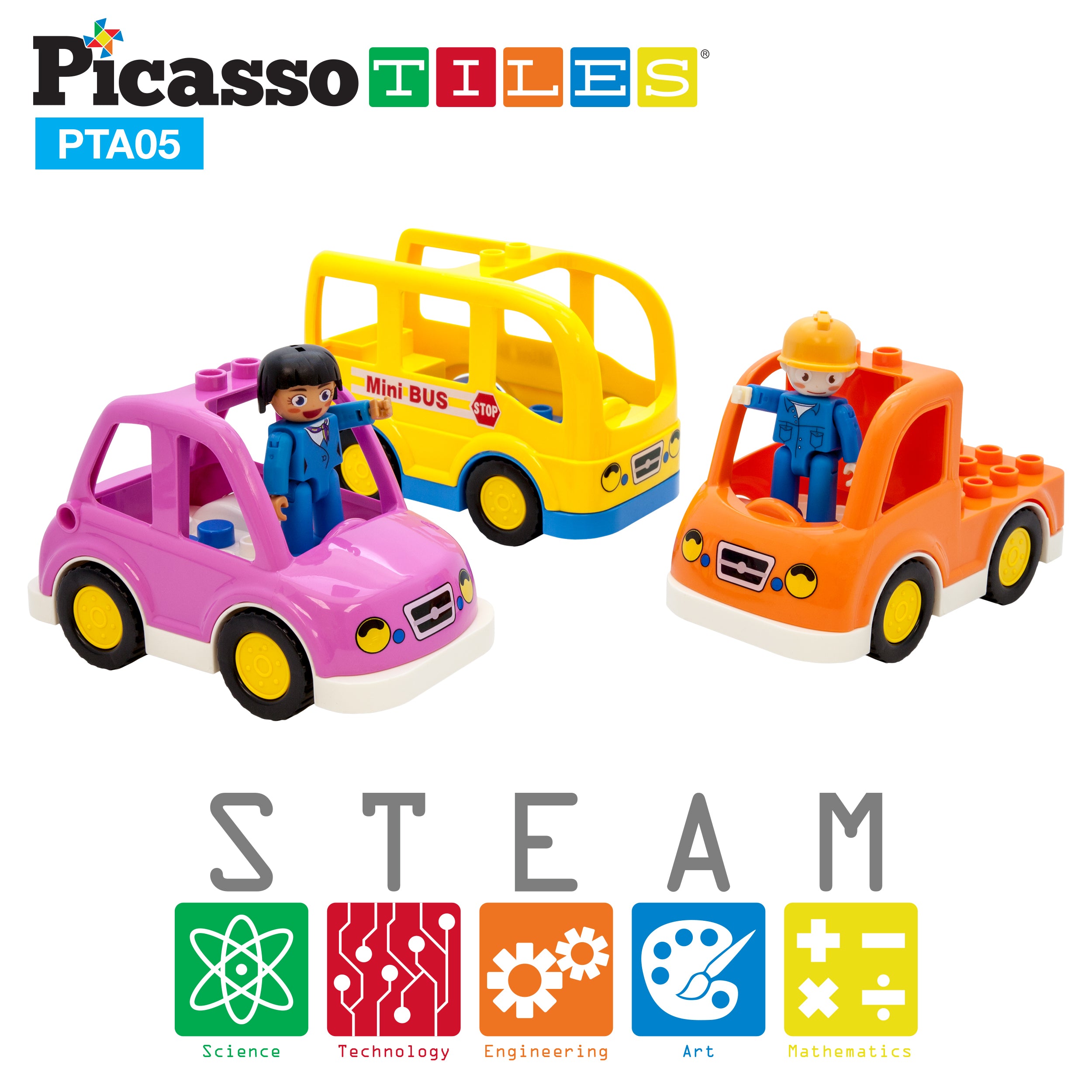 PicassoTiles Magnetic Toy Character Action Figure with 3 Cars