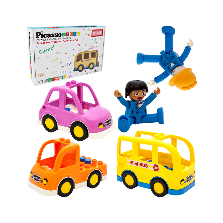 PicassoTiles Magnetic Toy Character Action Figure with 3 Cars