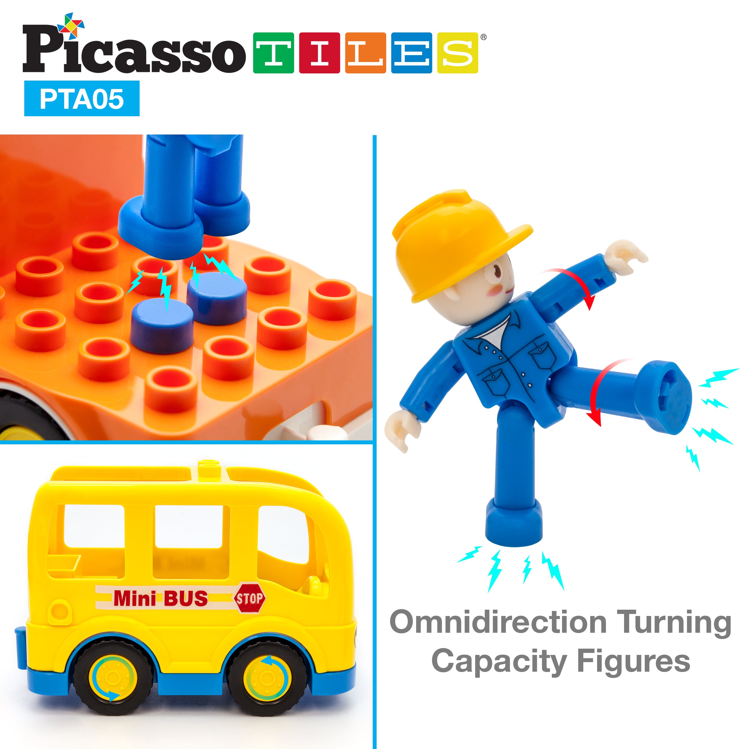 PicassoTiles Magnetic Toy Character Action Figure with 3 Cars