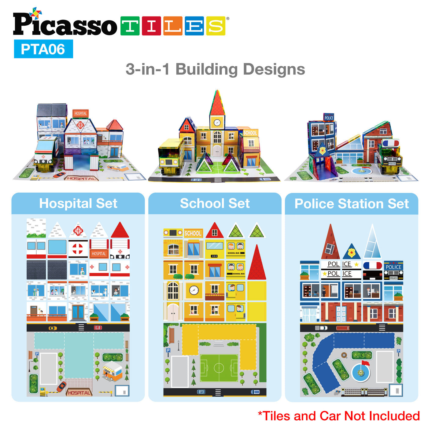 PicassoTiles Magnetic Tile Stick-On Graphics: 3in1 City Theme