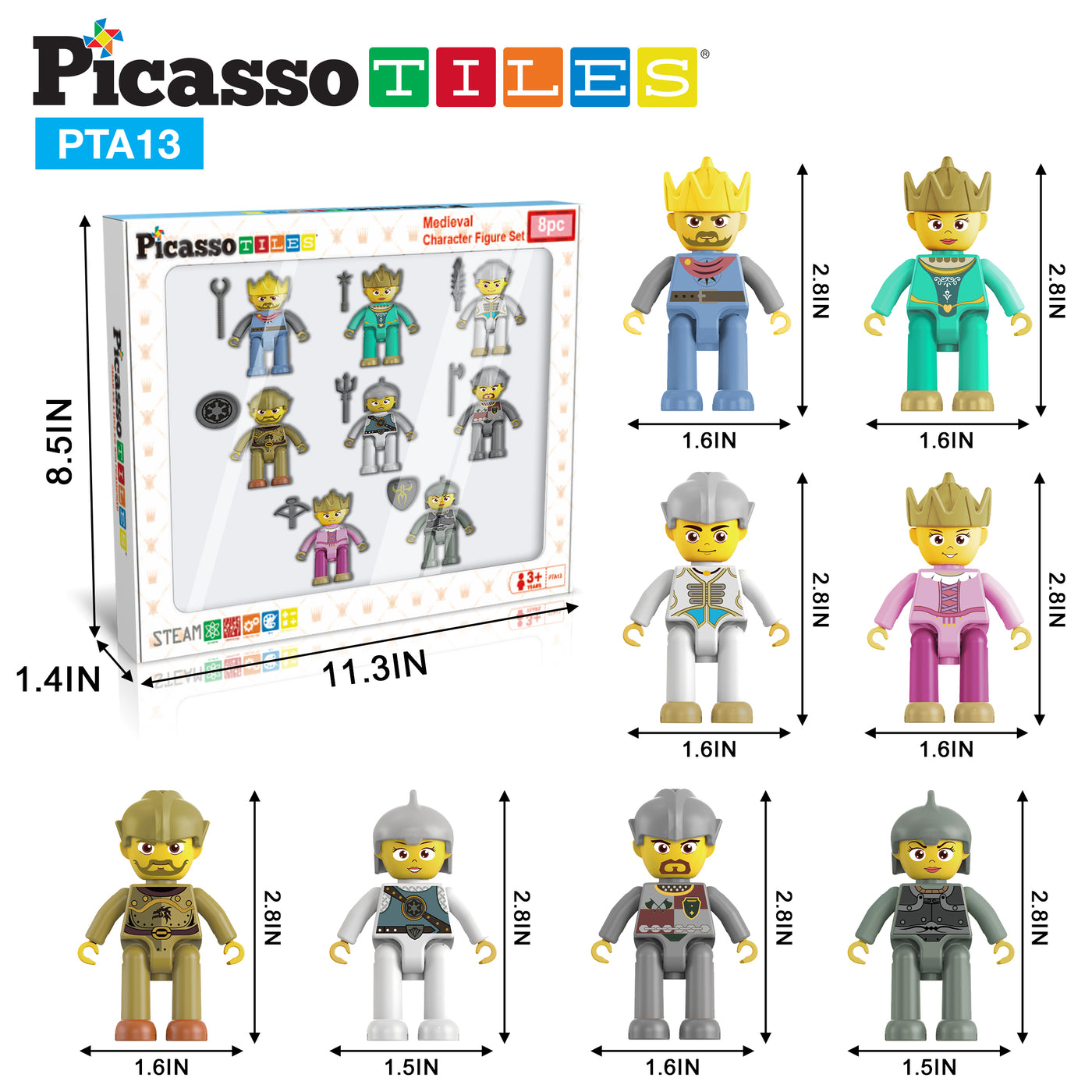 PicassoTiles Medieval King and Knights Magnet Tile Character Figure Set