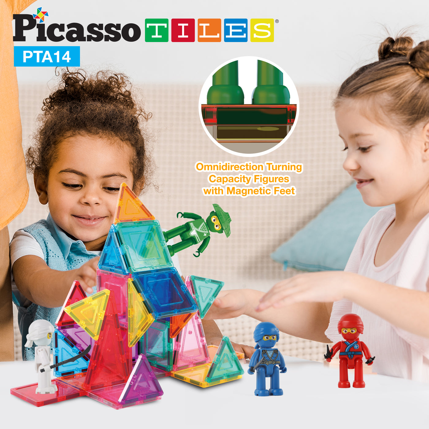 PicassoTiles 4 Piece Ninja Character Magnet Tile Figure Set