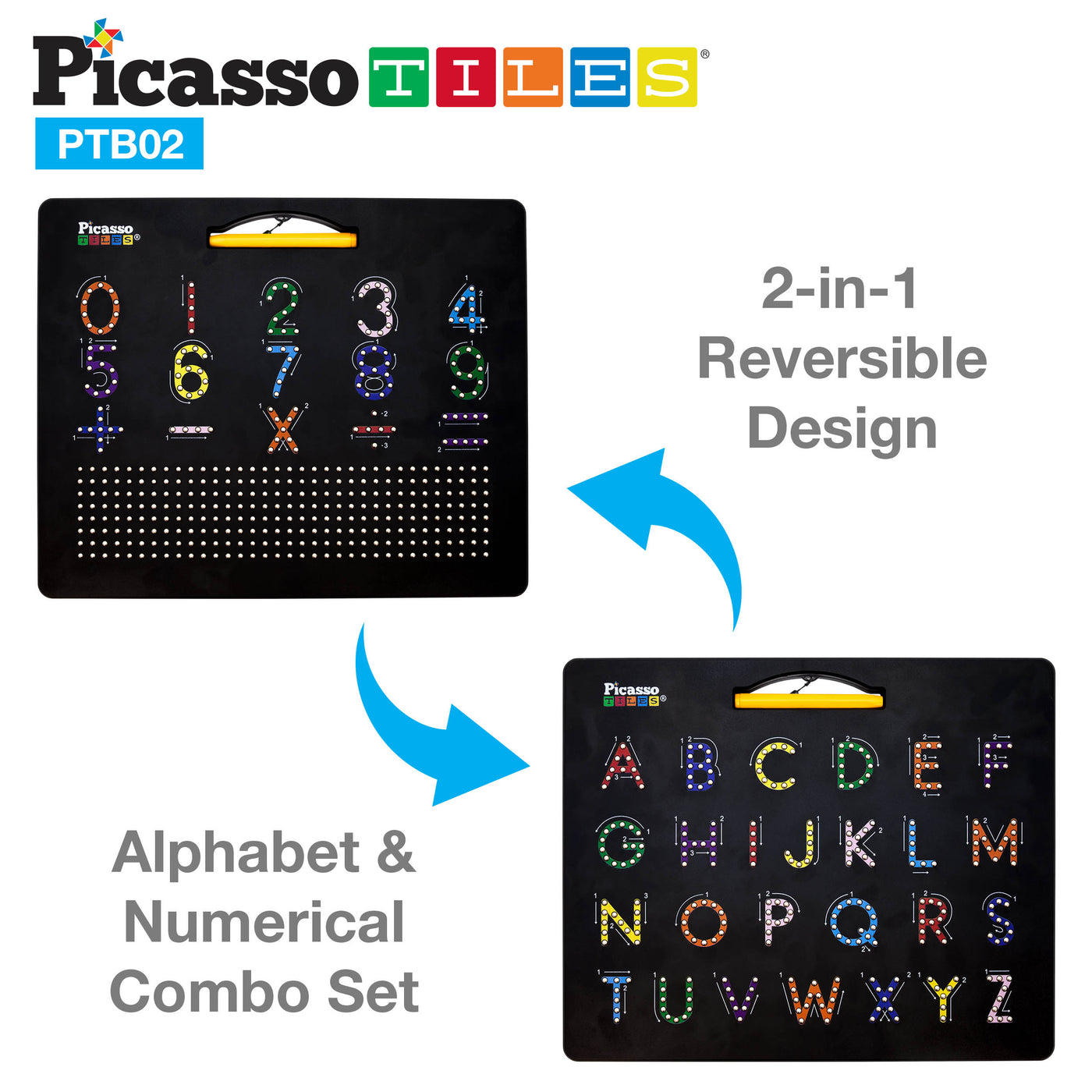 PicassoTiles Double Sided 12"x10" Letters and Numbers Magnetic Drawing Board