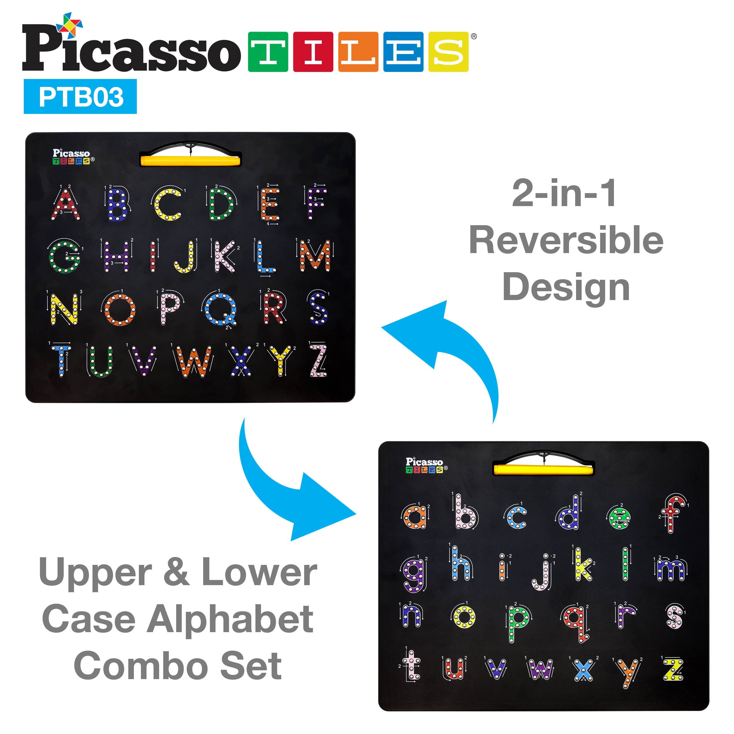 PicassoTiles Double-Sided Magnetic Drawing Board 12x10 Upper Lower Case