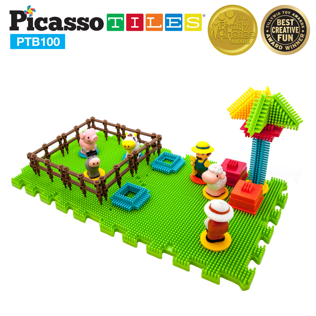 PicassoTiles PTB100 100pcs Bristle Shape 3D Stem Building Blocks Tiles Farm Theme Set