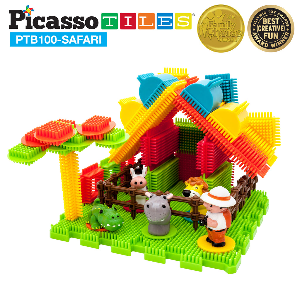 PicassoTiles 100pcs 3D Bristle Shape Building Blocks Tiles Safari Theme Set