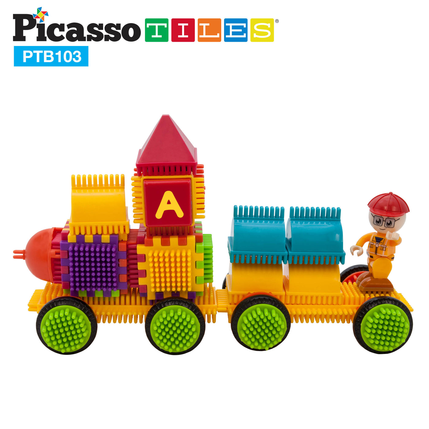 PicassoTiles 103pc Train Theme Hedgehog Building Blocks Set