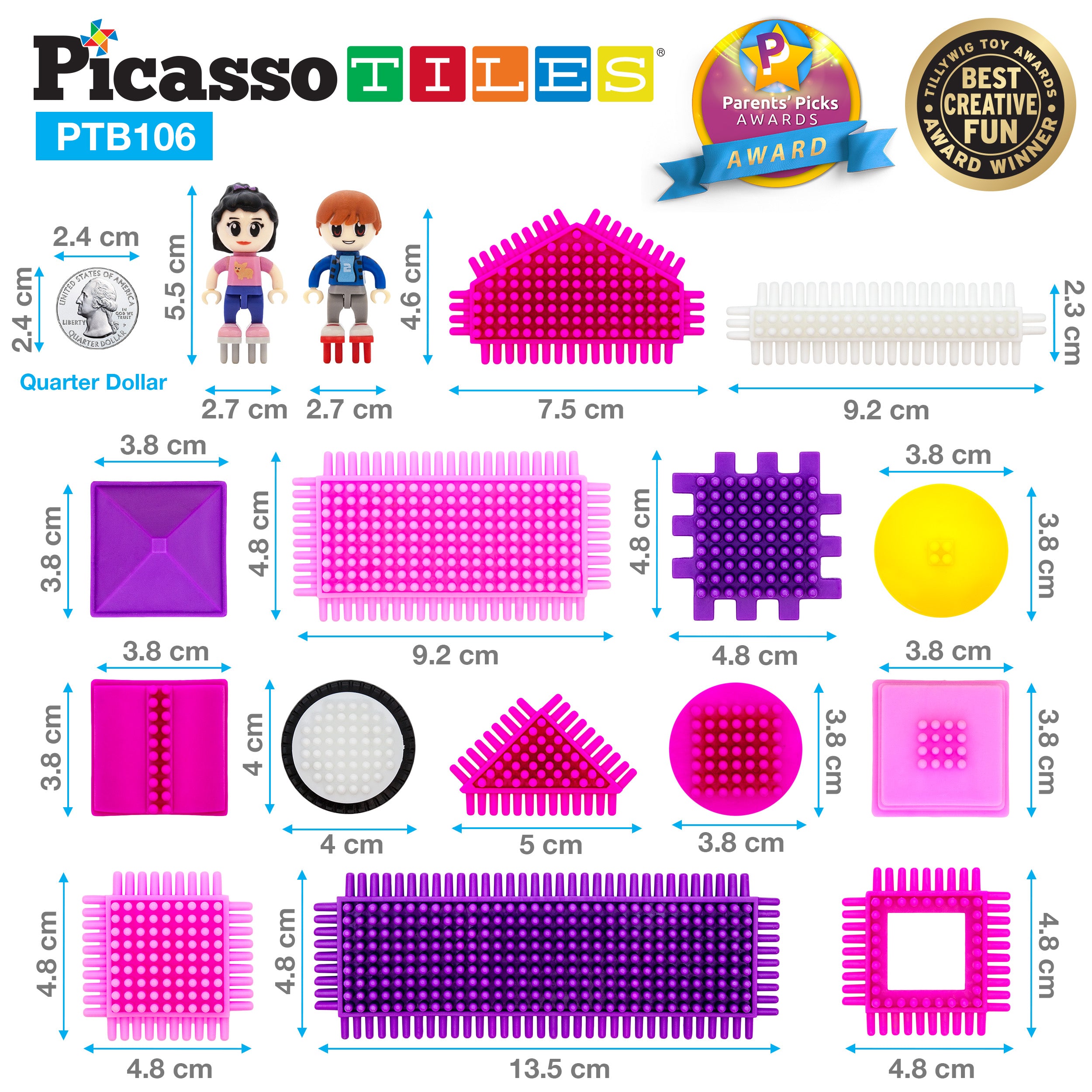 PicassoTiles 106pc Pink Castle Hedgehog Building Blocks Basic Building Set