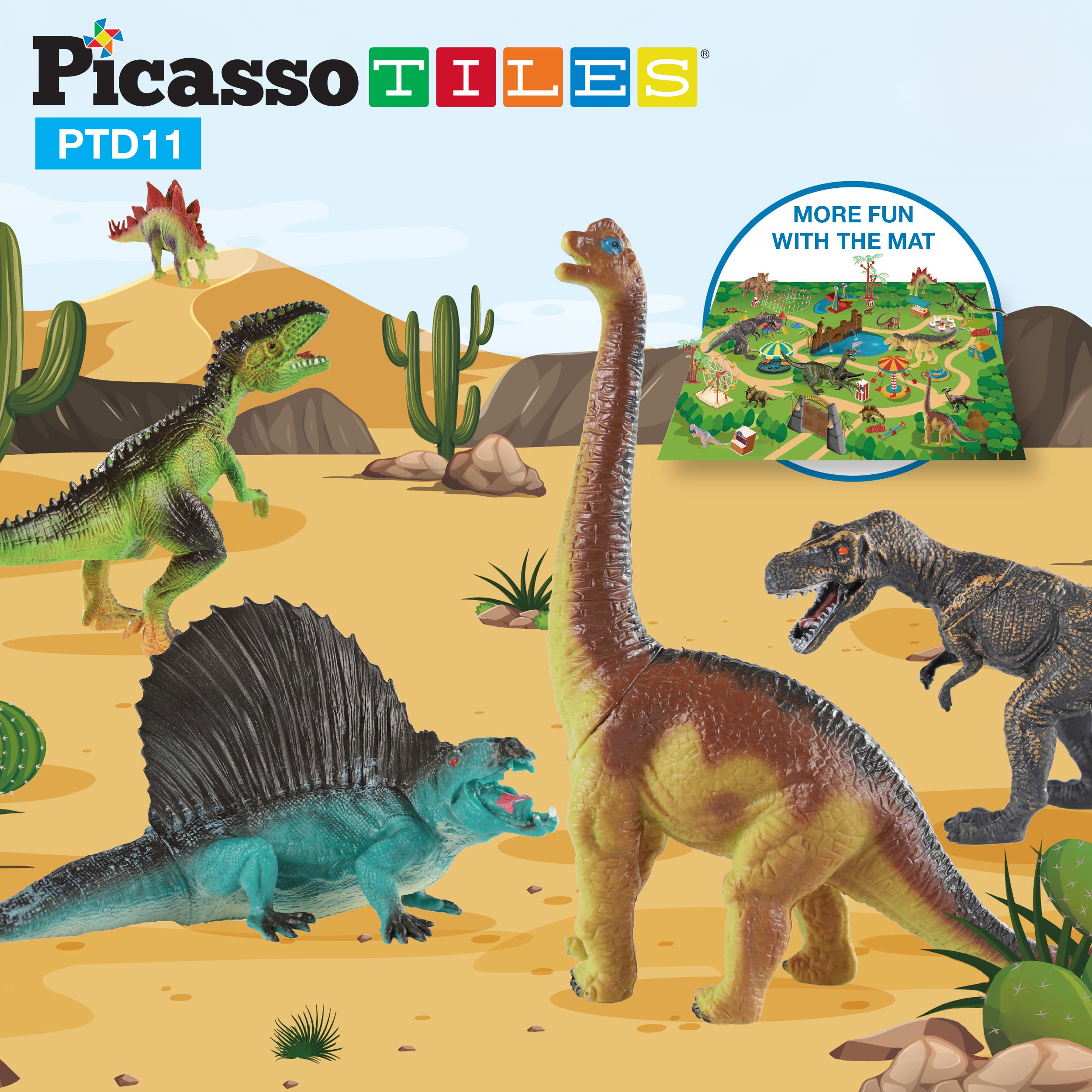 PicassoTiles 32pcs Dinosaur Action Figures with Prehistoric Activity Play Mat