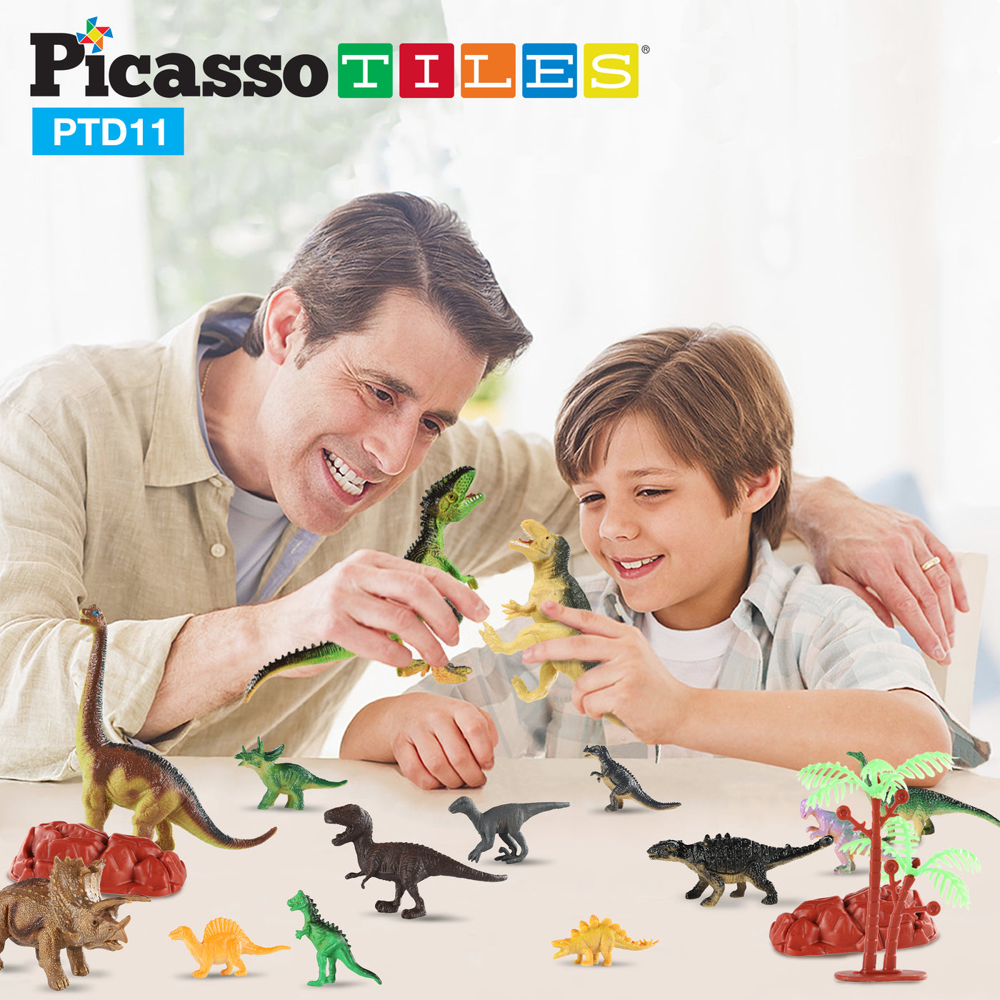 PicassoTiles 32pcs Dinosaur Action Figures with Prehistoric Activity Play Mat