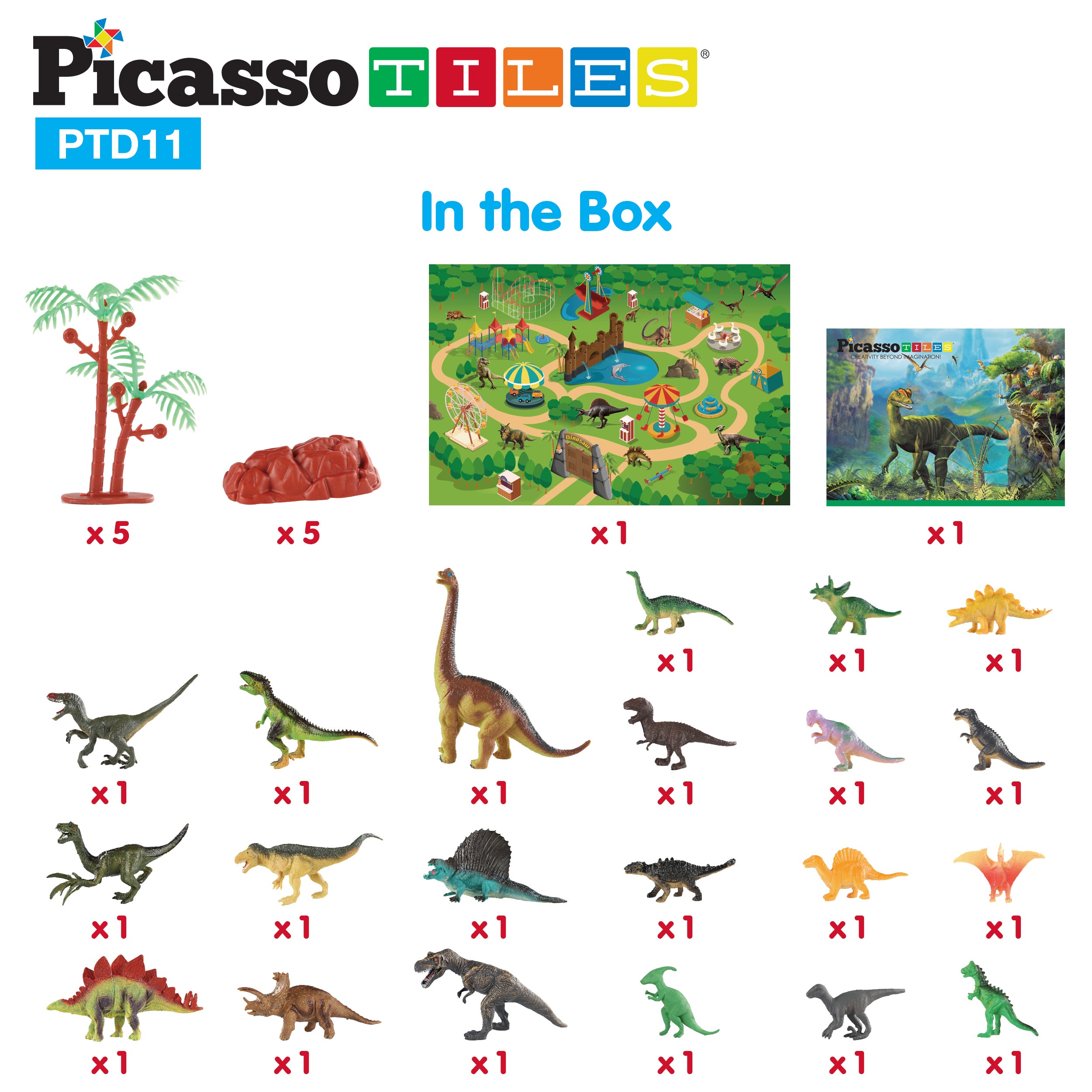 PicassoTiles 32pcs Dinosaur Action Figures with Prehistoric Activity Play Mat