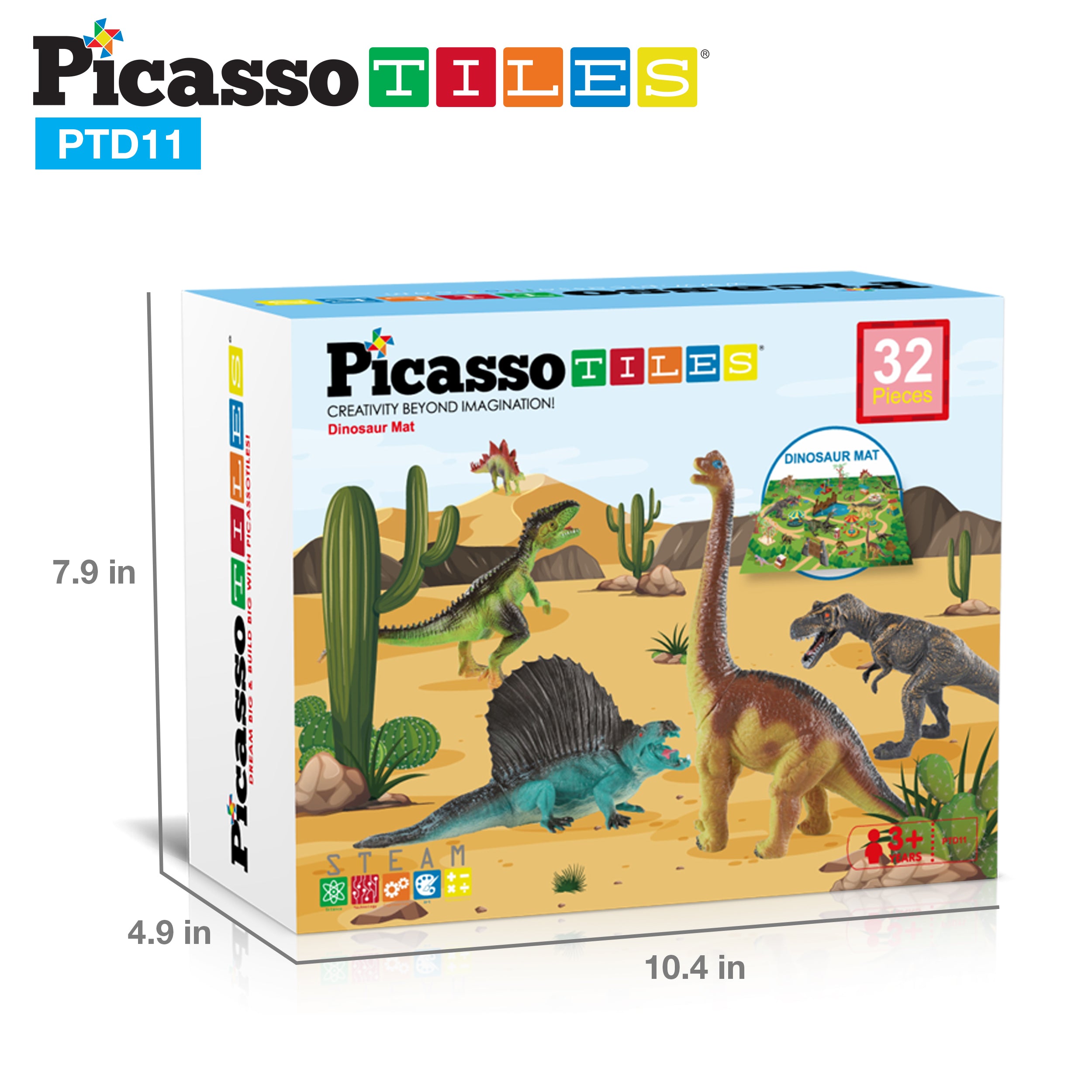 PicassoTiles 32pcs Dinosaur Action Figures with Prehistoric Activity Play Mat