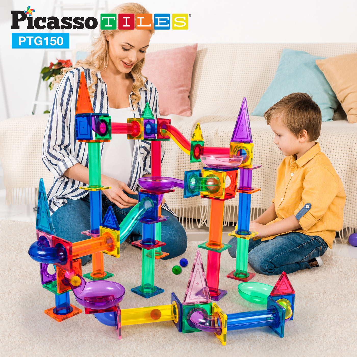 PicassoTiles 150 Piece Marble Run Building Blocks Set