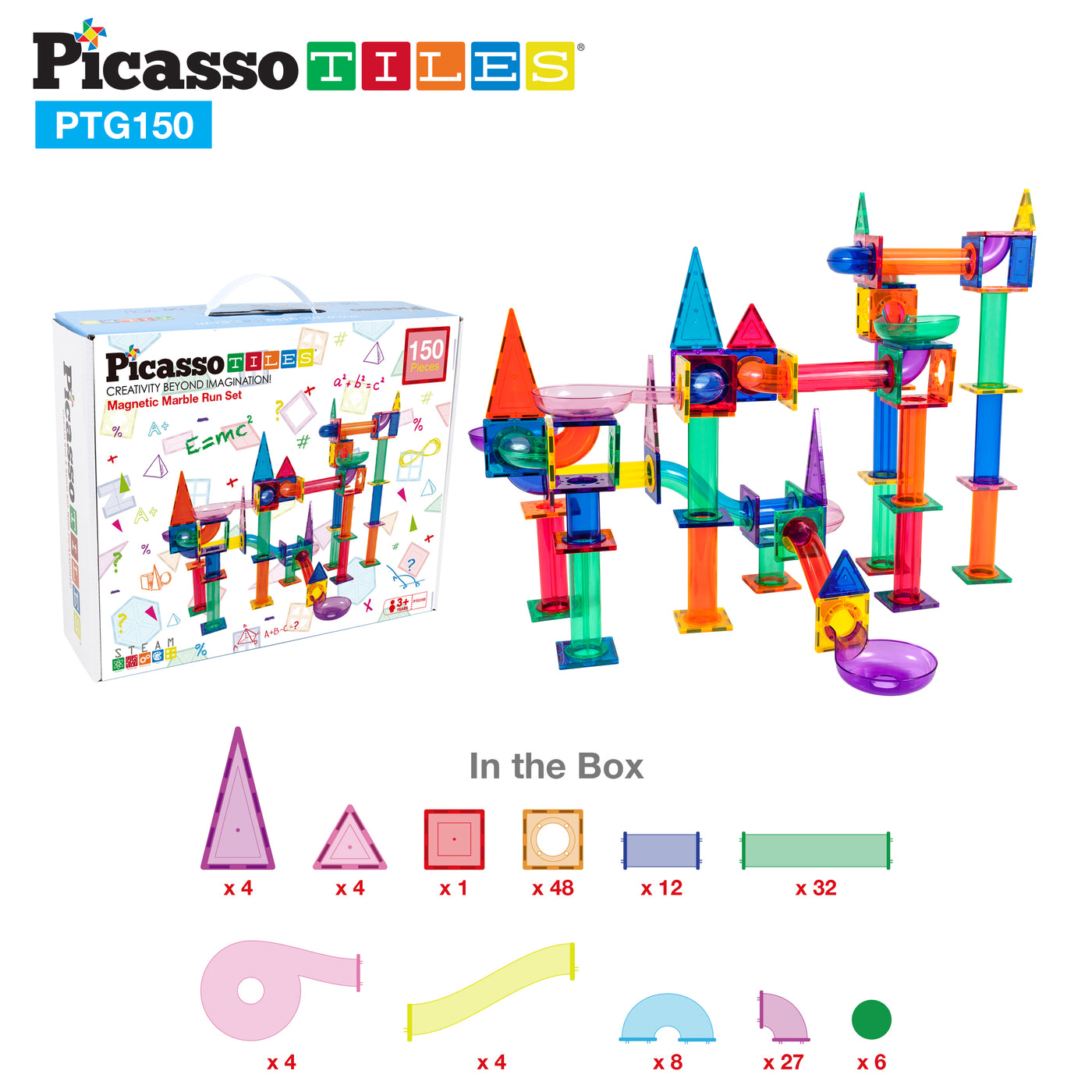 PicassoTiles 150 Piece Marble Run Building Blocks Set