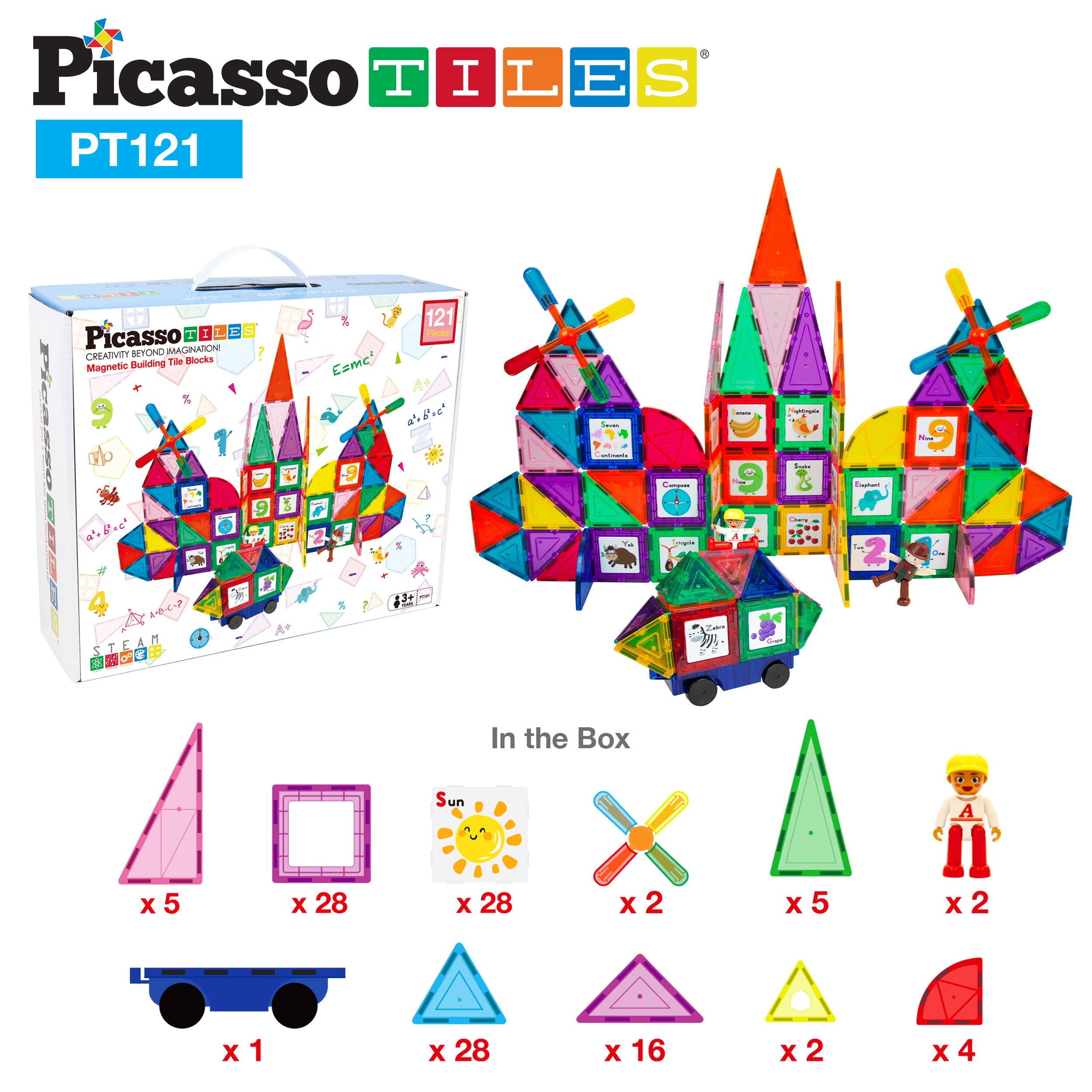 PicassoTiles Graphical Inserts 121 Piece Magnetic Building Block Set