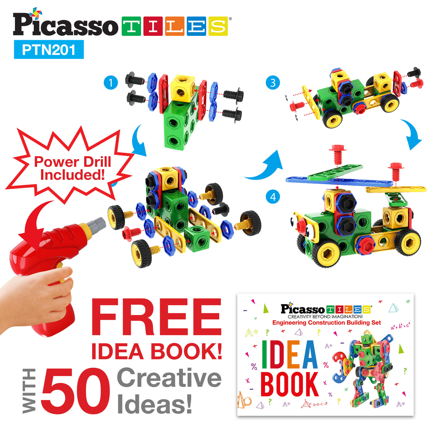 PicassoTiles 201pc Engineering Construction Set with Power Drill