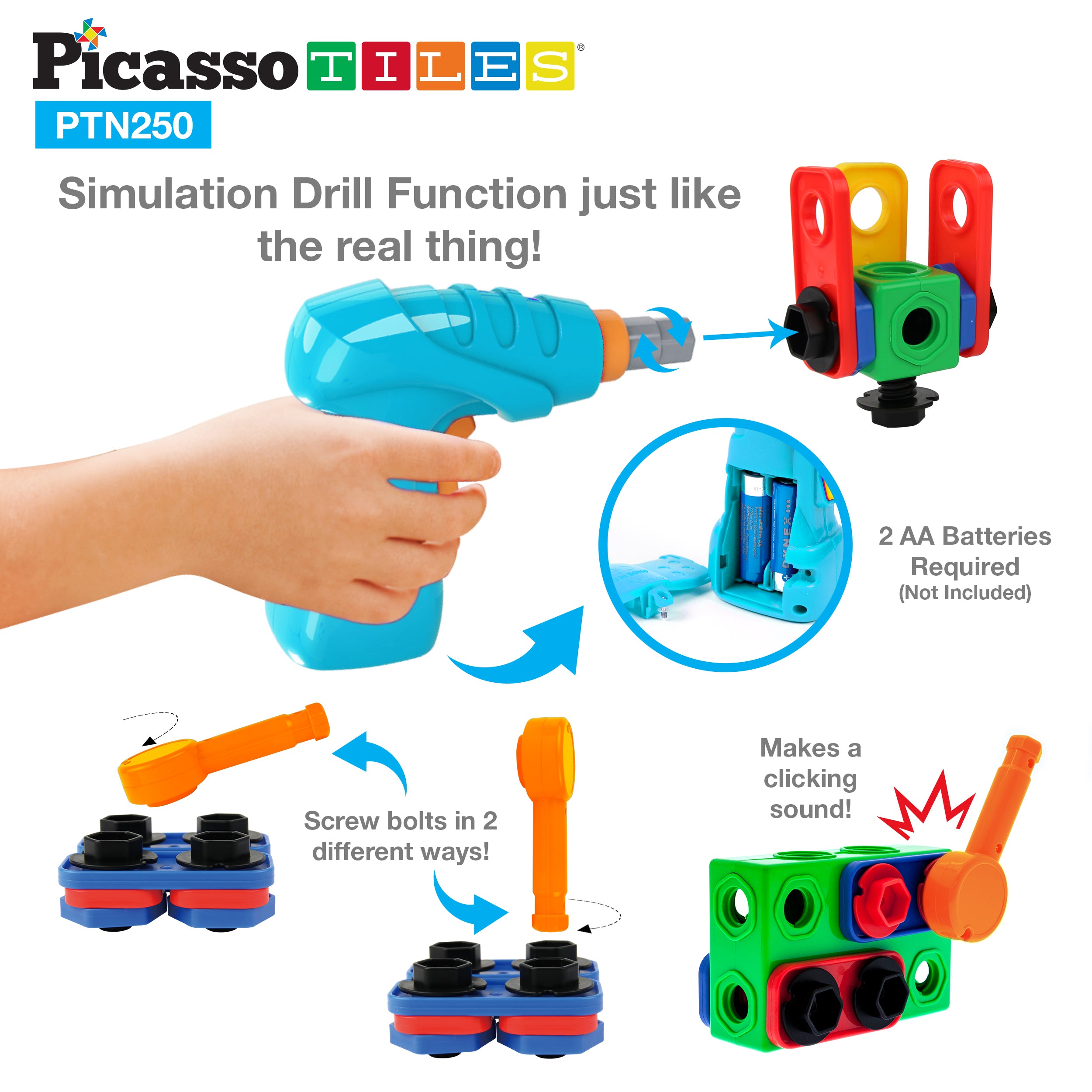 PicassoTiles Engineering Construction Set with Toy Power Drill - 250 Pieces