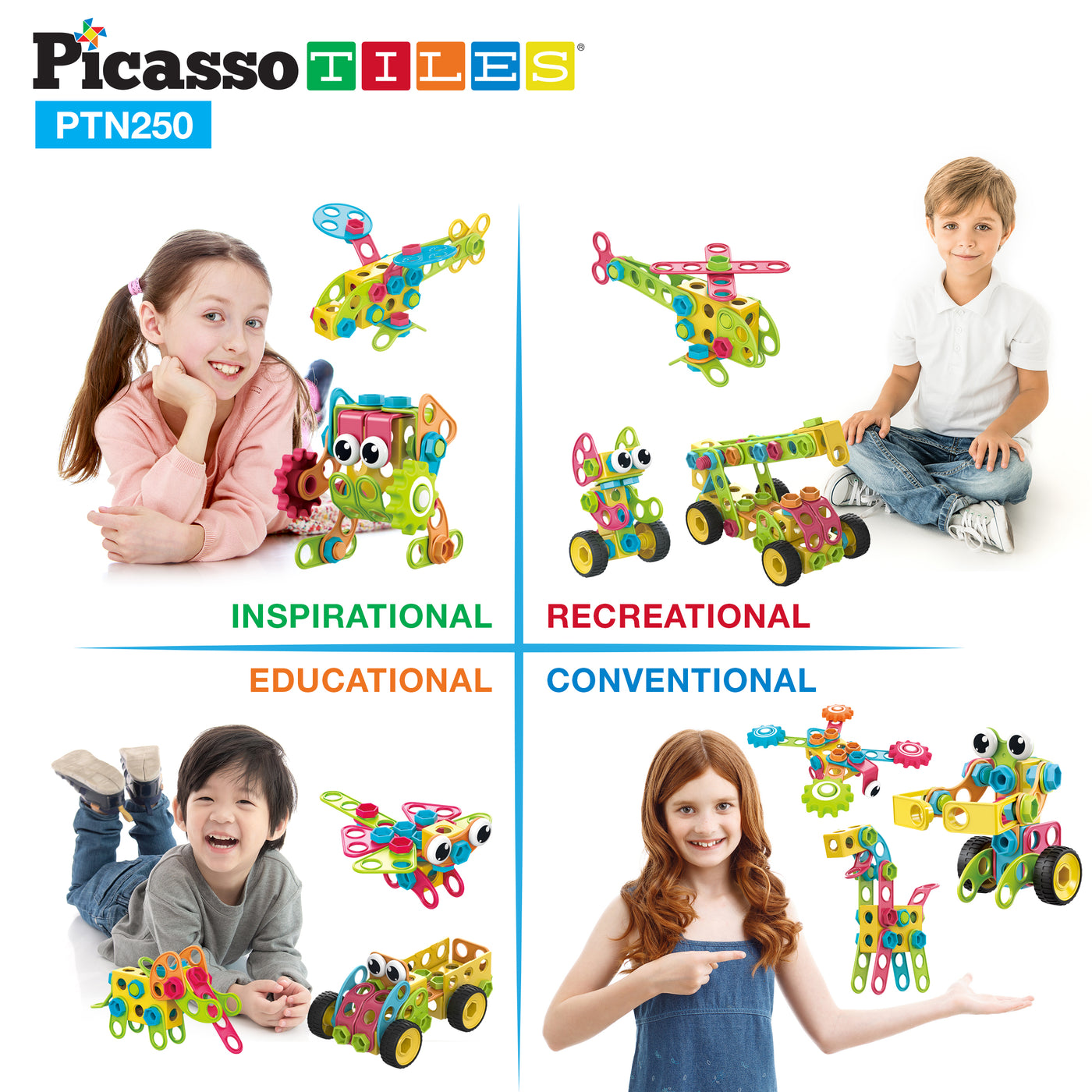 PicassoTiles Engineering Construction Set with Toy Power Drill - 250 Pieces