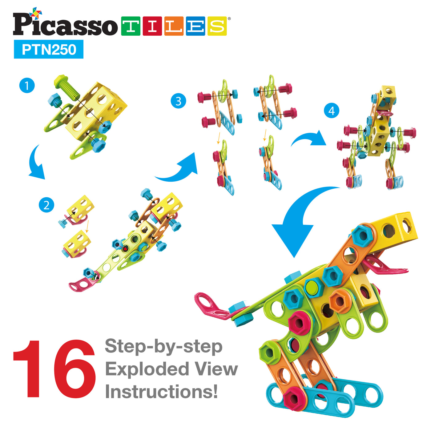 PicassoTiles Engineering Construction Set with Toy Power Drill - 250 Pieces