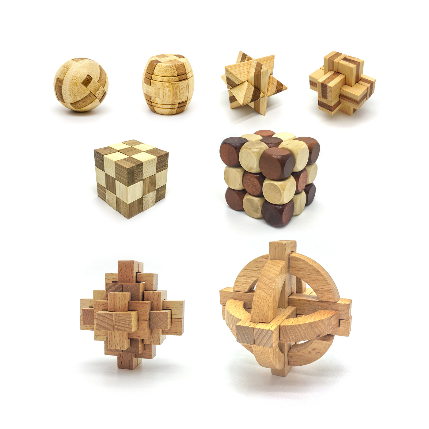 PicassoTiles 8 Style Wooden Burr Puzzle Cube, Ball and Barrels