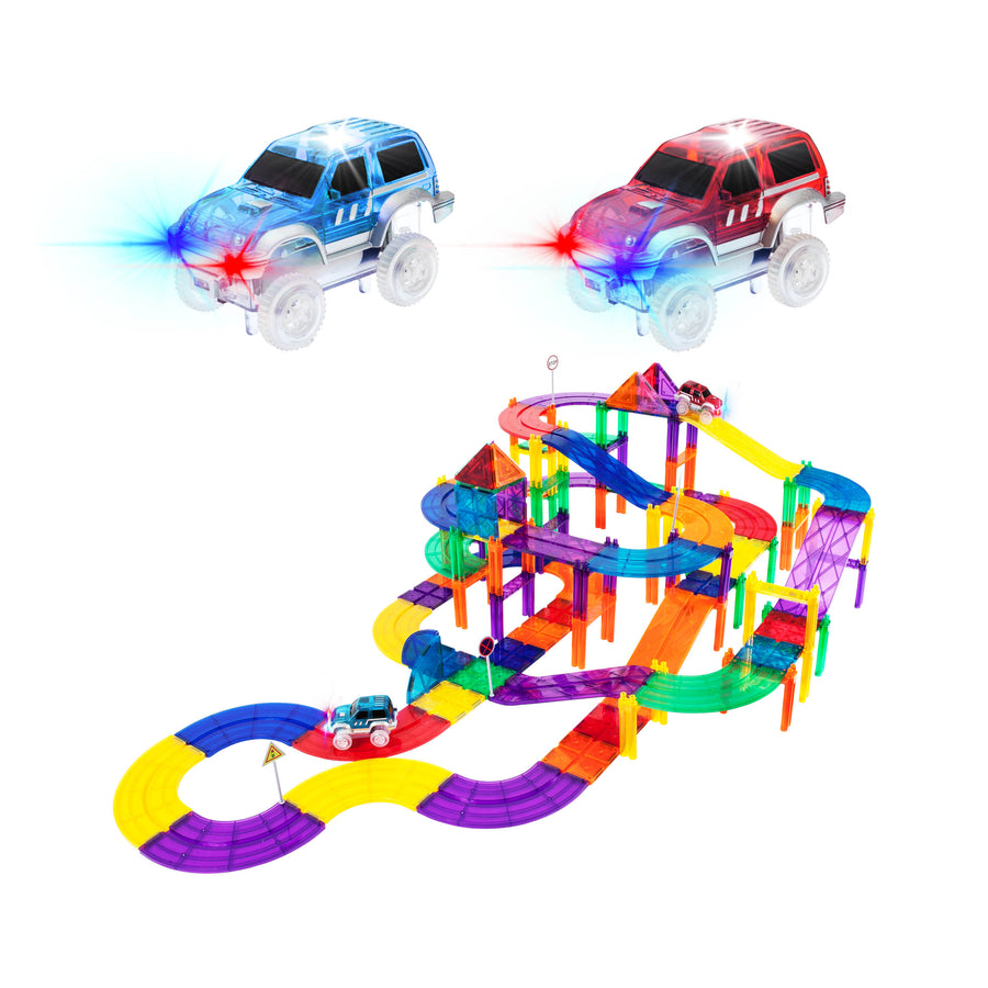 PicassoTiles 100pc Race Track Building Blocks with LED Cars