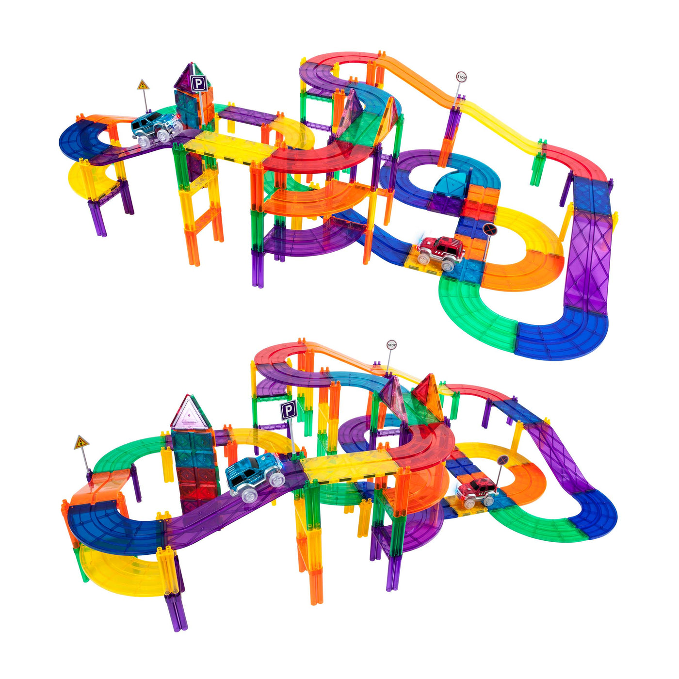 PicassoTiles 100pc Race Track Building Blocks with LED Cars