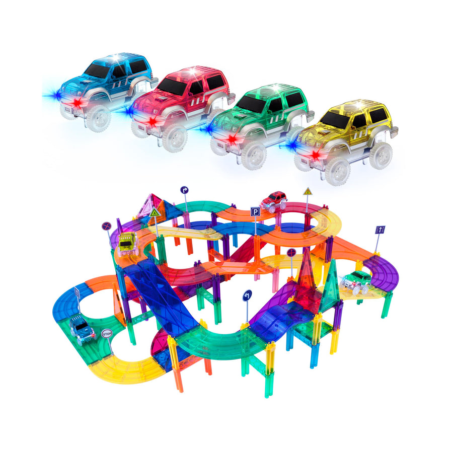 PicassoTiles Magnetic Car Race Track with Light Up Vehicles