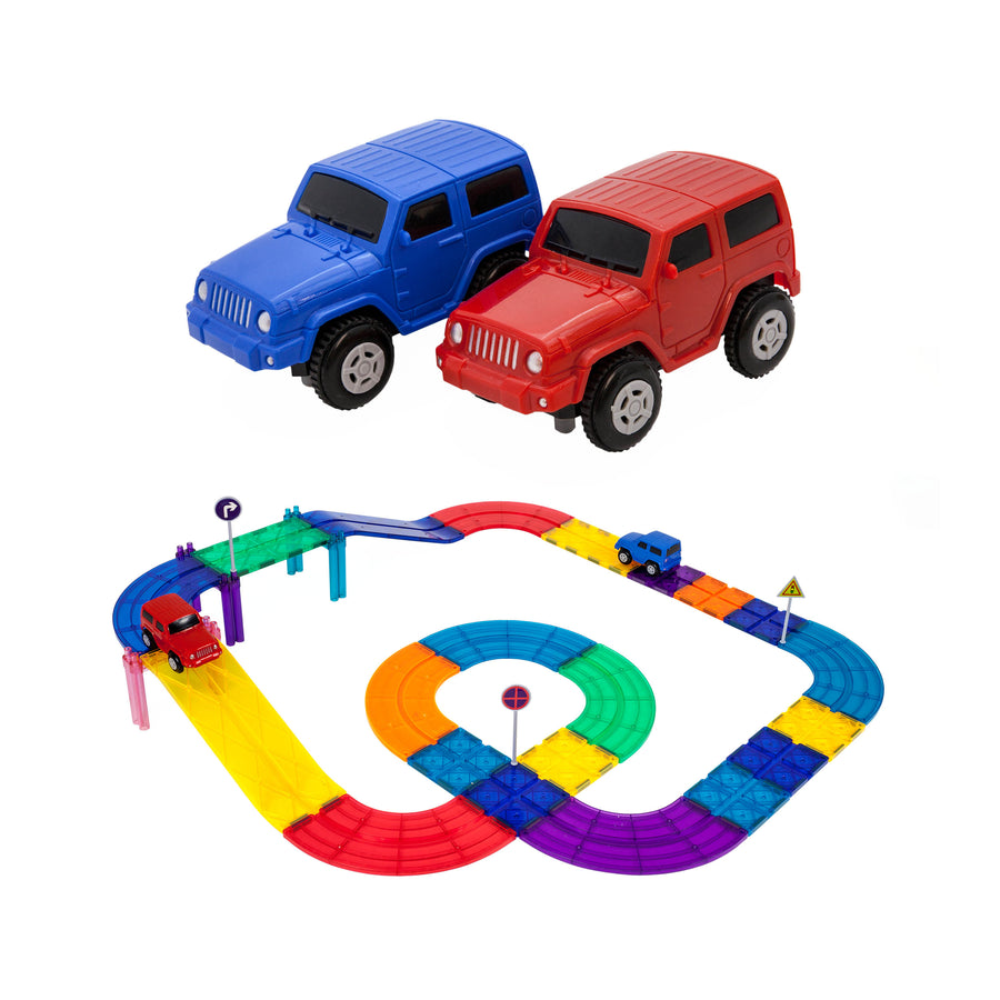 PicassoTiles Magnetic Race Car Track with Trucks Building Set