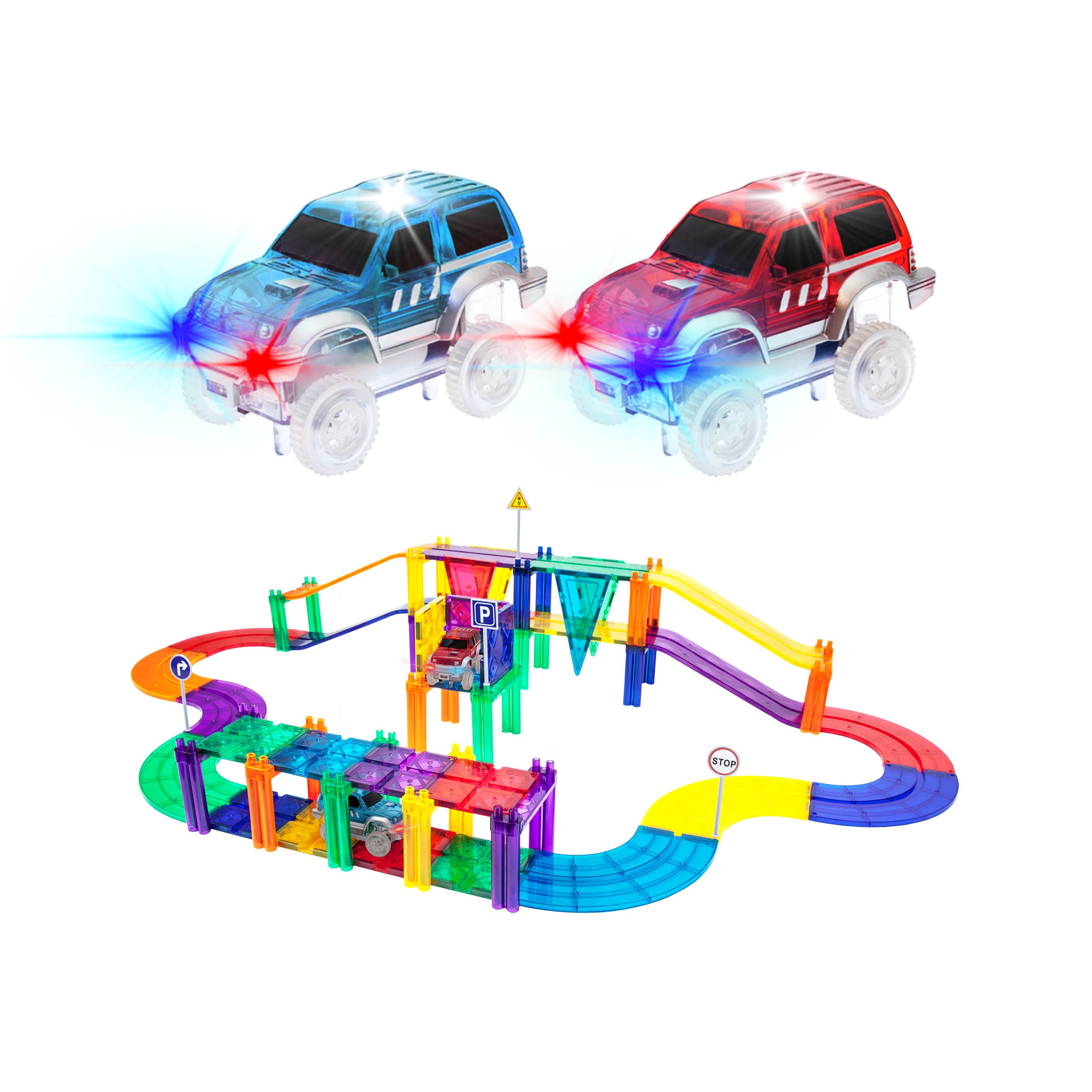 PicassoTiles Magnetic Tiles Race Track with LED Cars