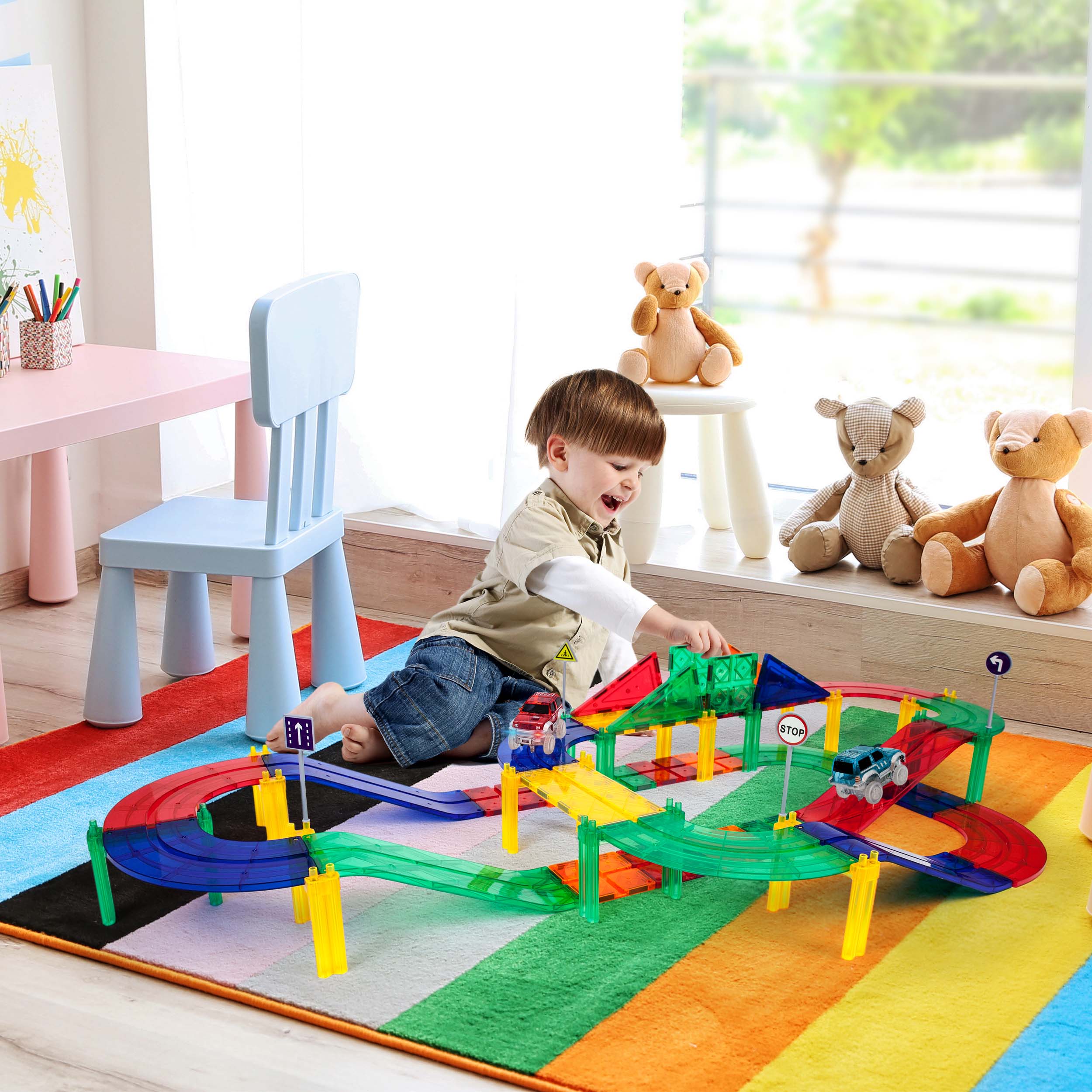 PicassoTiles Magnetic Tiles Race Track with LED Cars