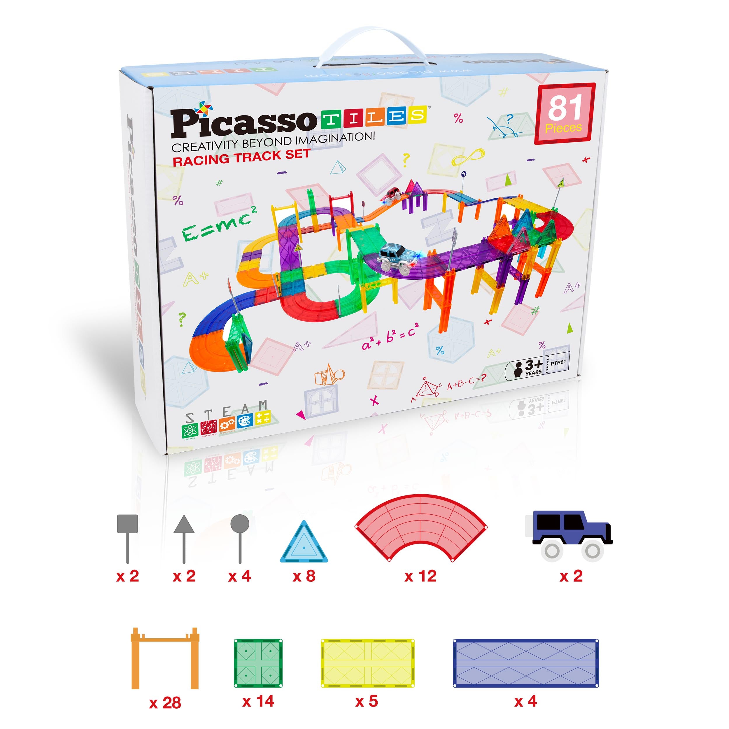 PicassoTiles 81pc Race Track Building Blocks with LED Cars
