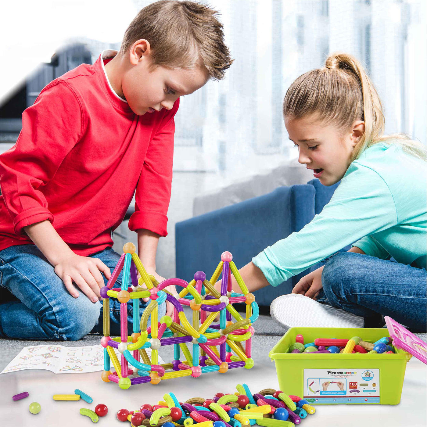 PicassoTiles 100 Piece Magnetic Stick Building Block Construction Set