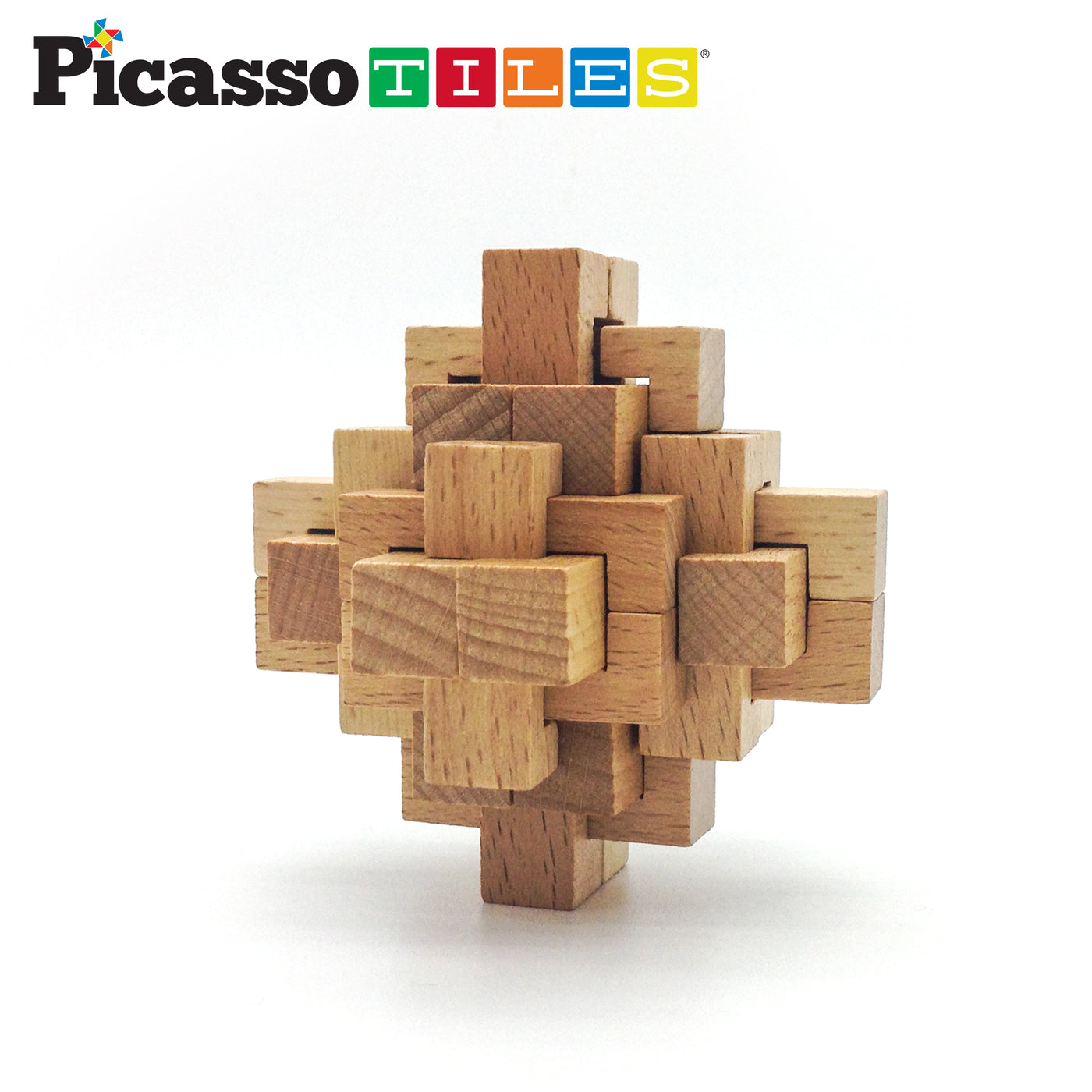 PicassoTiles 8 Style Wooden Burr Puzzle Cube, Ball and Barrels