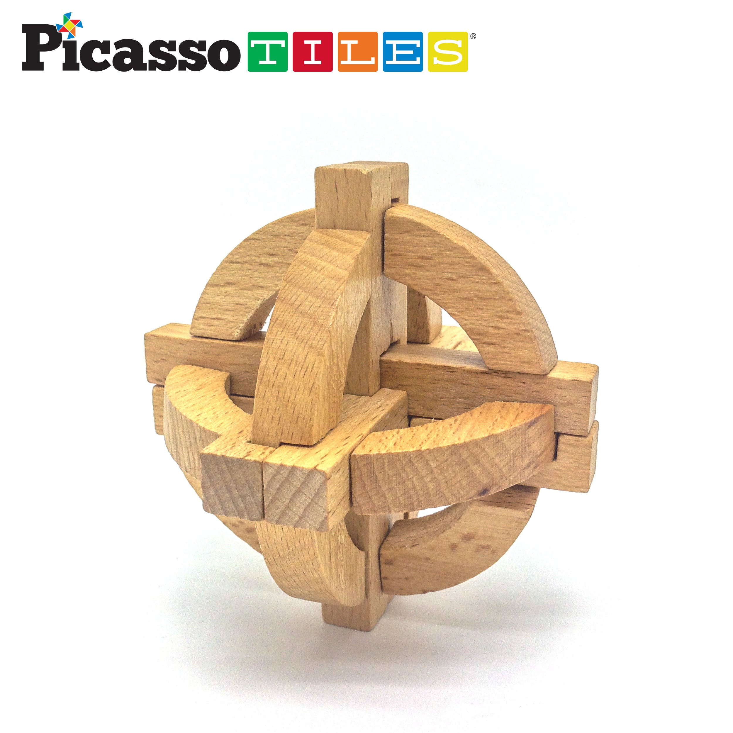 PicassoTiles 8 Style Wooden Burr Puzzle Cube, Ball and Barrels